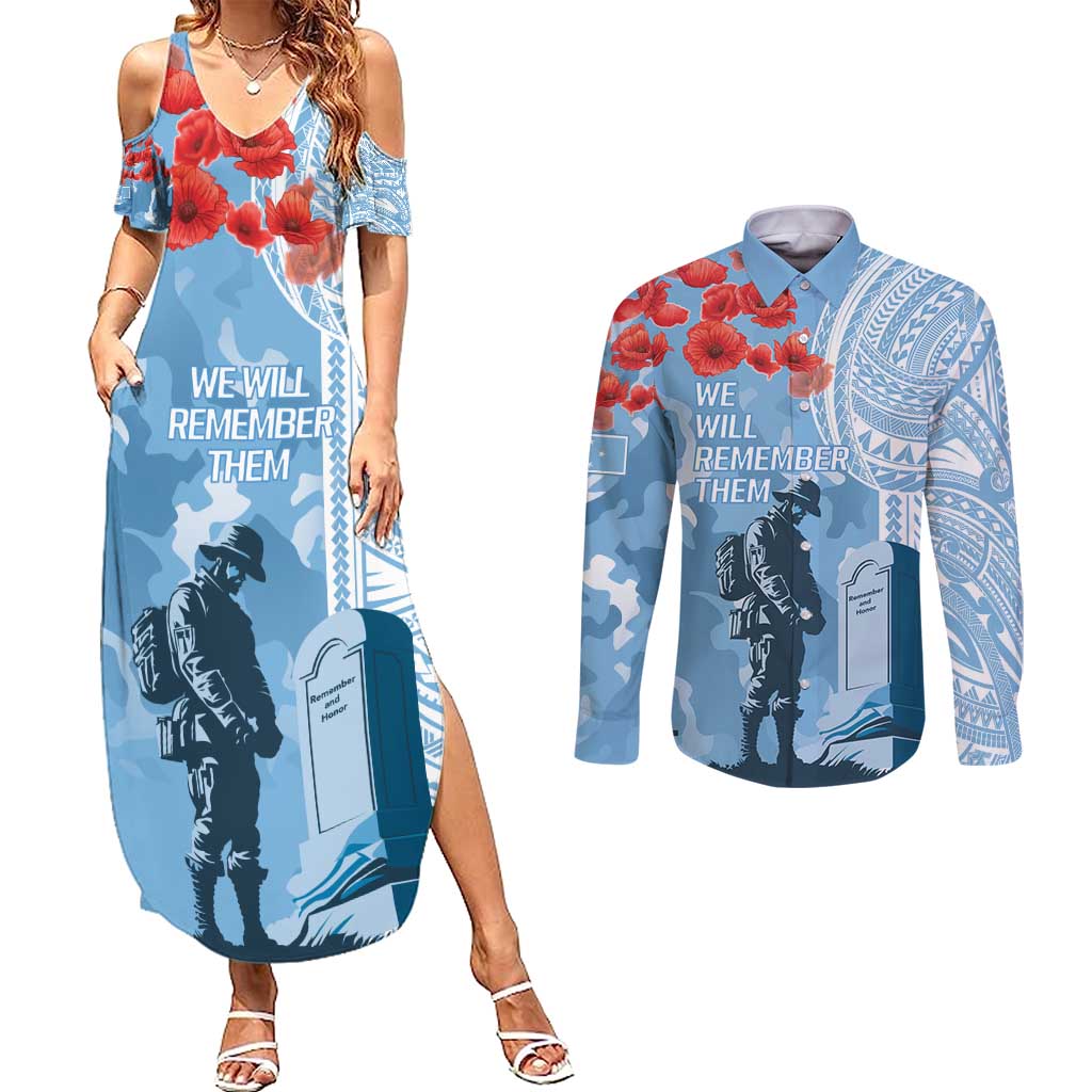 FSM Verterans Day Couples Matching Summer Maxi Dress and Long Sleeve Button Shirt Their Lives Your Freedom LT9 Blue - Polynesian Pride