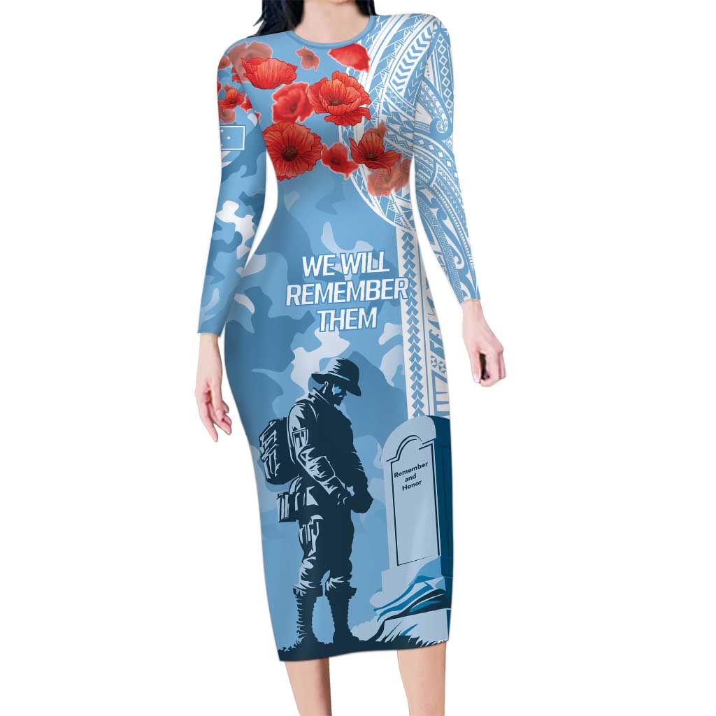 FSM Verterans Day Long Sleeve Bodycon Dress Their Lives Your Freedom LT9 Long Dress Blue - Polynesian Pride