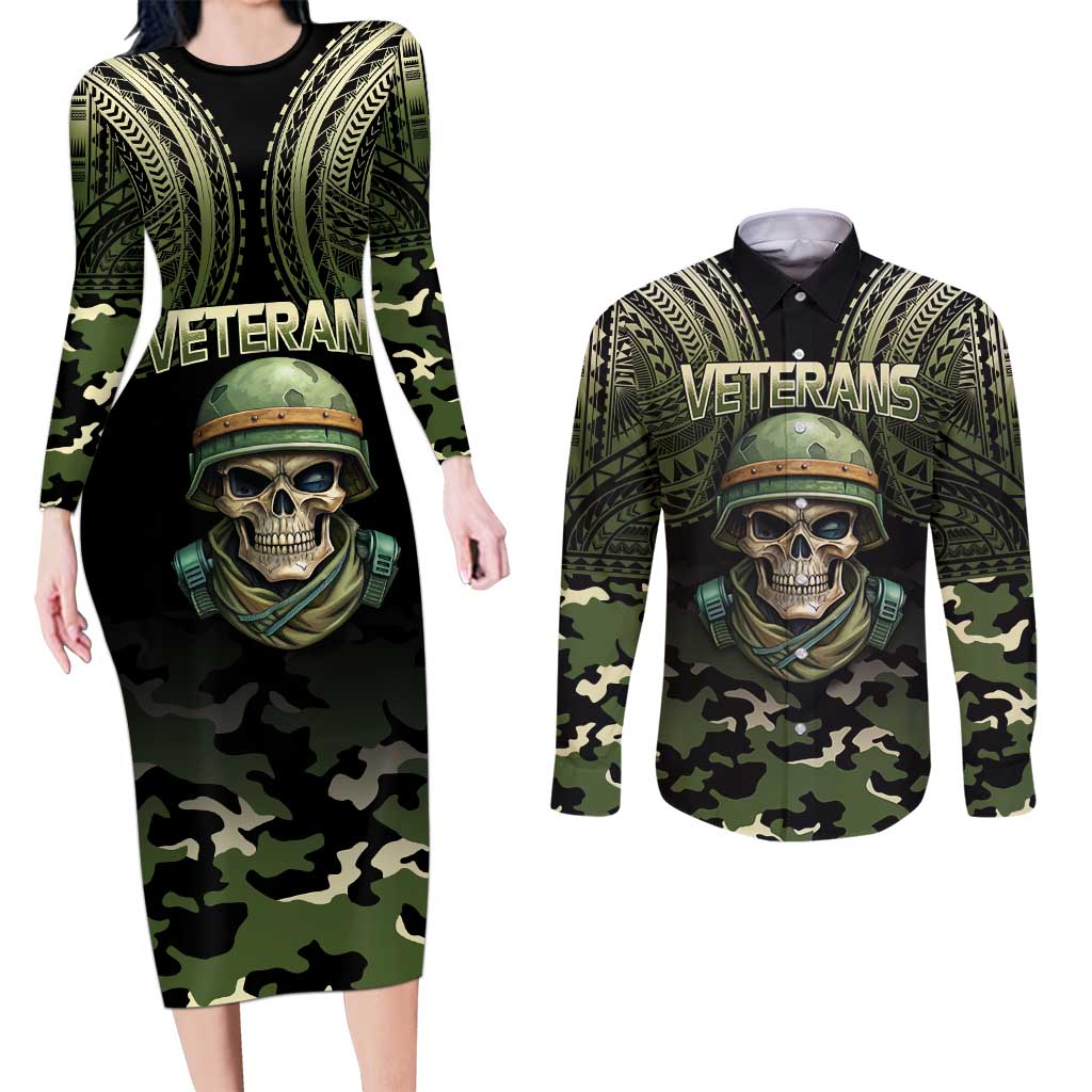 Veterans Day Couples Matching Long Sleeve Bodycon Dress and Long Sleeve Button Shirt War Never Leaves A Veteran Proud Military LT9 Black - Polynesian Pride