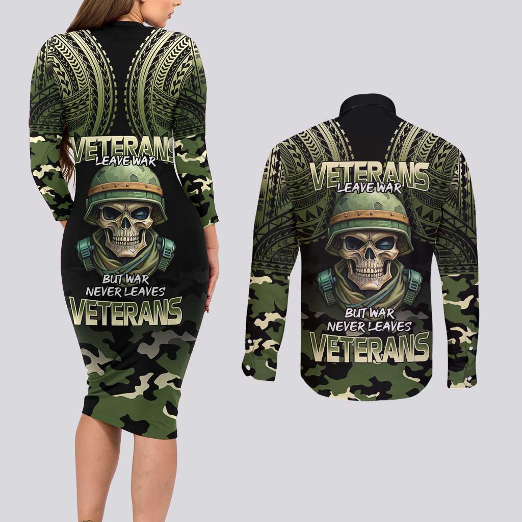Veterans Day Couples Matching Long Sleeve Bodycon Dress and Long Sleeve Button Shirt War Never Leaves A Veteran Proud Military