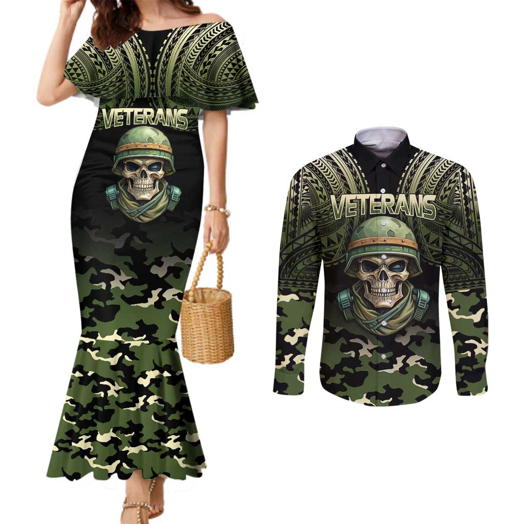 Veterans Day Couples Matching Mermaid Dress and Long Sleeve Button Shirt War Never Leaves A Veteran Proud Military