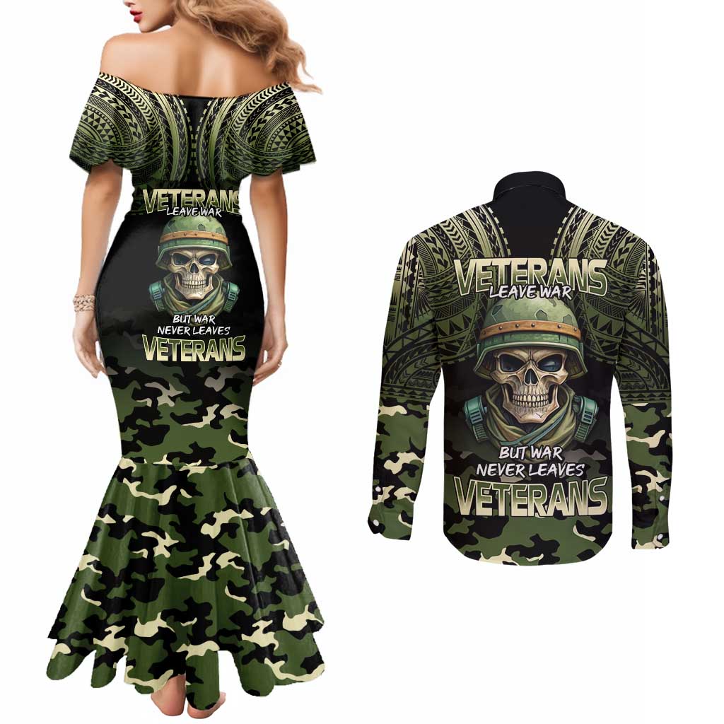 Veterans Day Couples Matching Mermaid Dress and Long Sleeve Button Shirt War Never Leaves A Veteran Proud Military