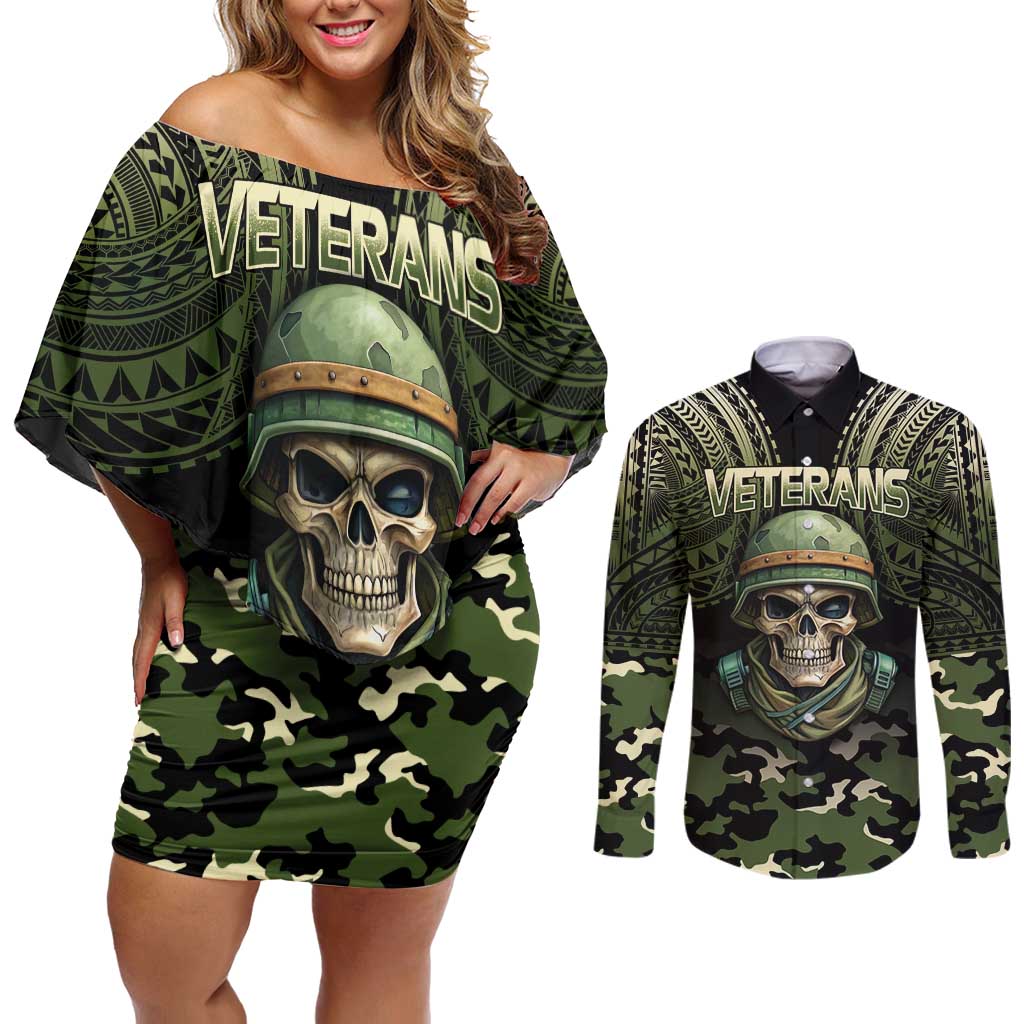 Veterans Day Couples Matching Off Shoulder Short Dress and Long Sleeve Button Shirt War Never Leaves A Veteran Proud Military LT9 Black - Polynesian Pride