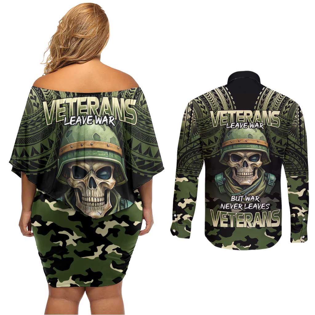 Veterans Day Couples Matching Off Shoulder Short Dress and Long Sleeve Button Shirt War Never Leaves A Veteran Proud Military