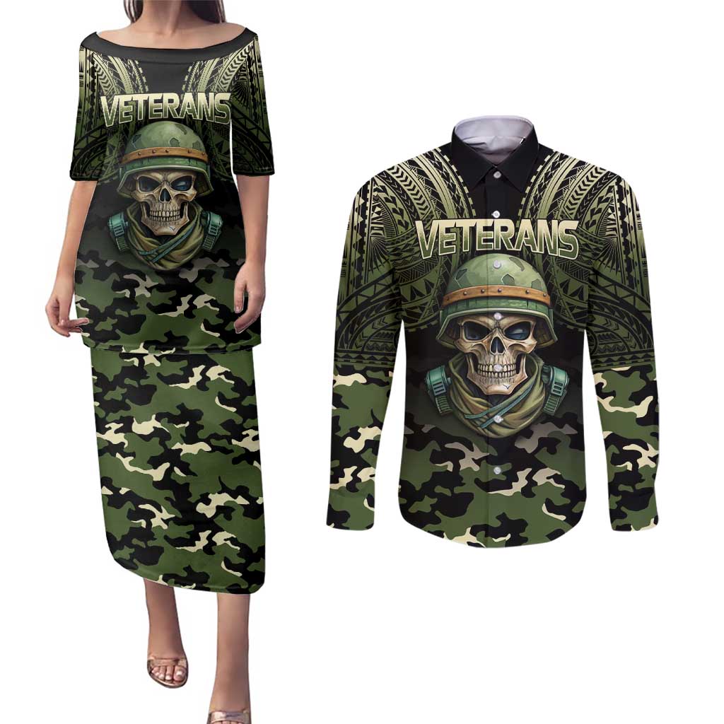 Veterans Day Couples Matching Puletasi and Long Sleeve Button Shirt War Never Leaves A Veteran Proud Military LT9 Black - Polynesian Pride