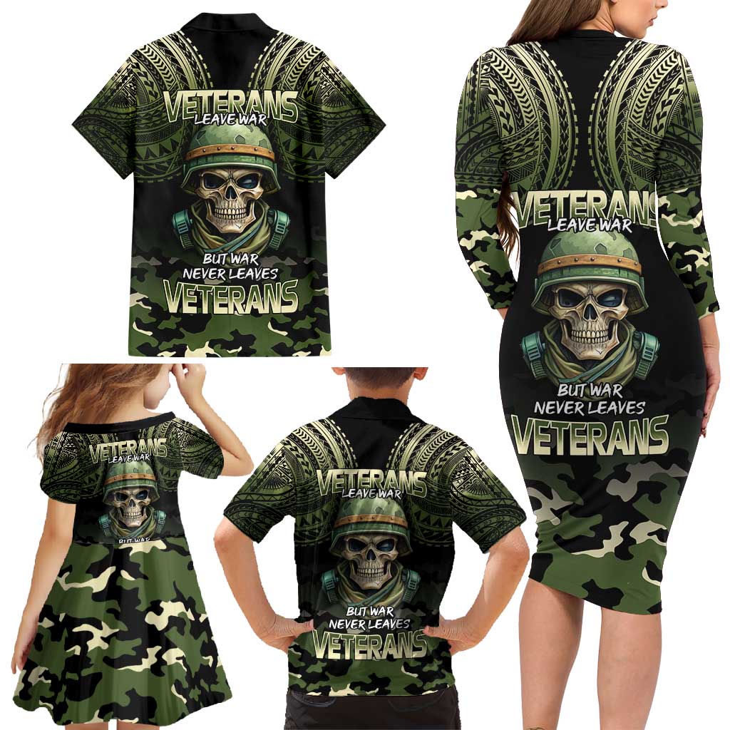 Veterans Day Family Matching Long Sleeve Bodycon Dress and Hawaiian Shirt War Never Leaves A Veteran Proud Military