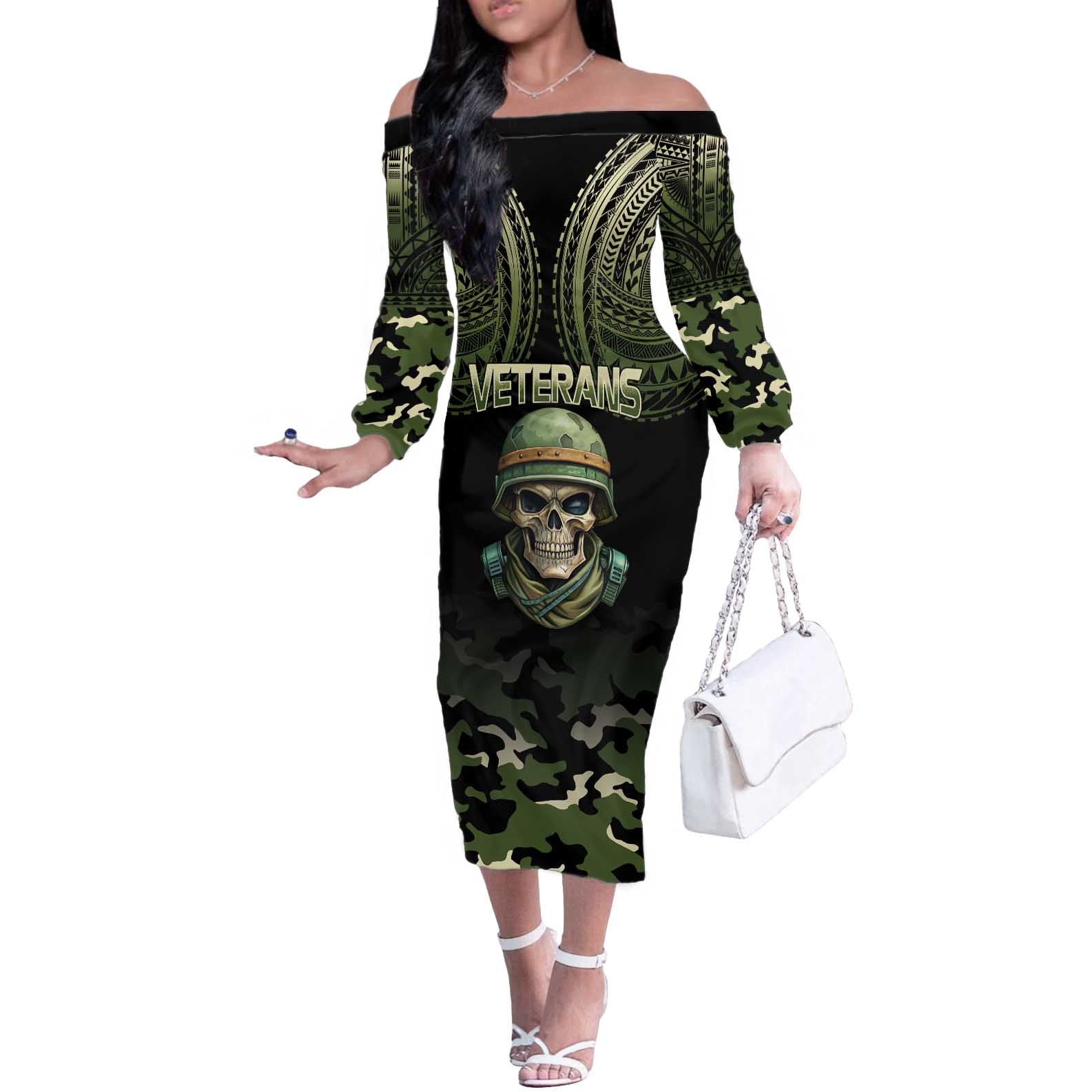 Veterans Day Off The Shoulder Long Sleeve Dress War Never Leaves A Veteran Proud Military LT9 Women Black - Polynesian Pride