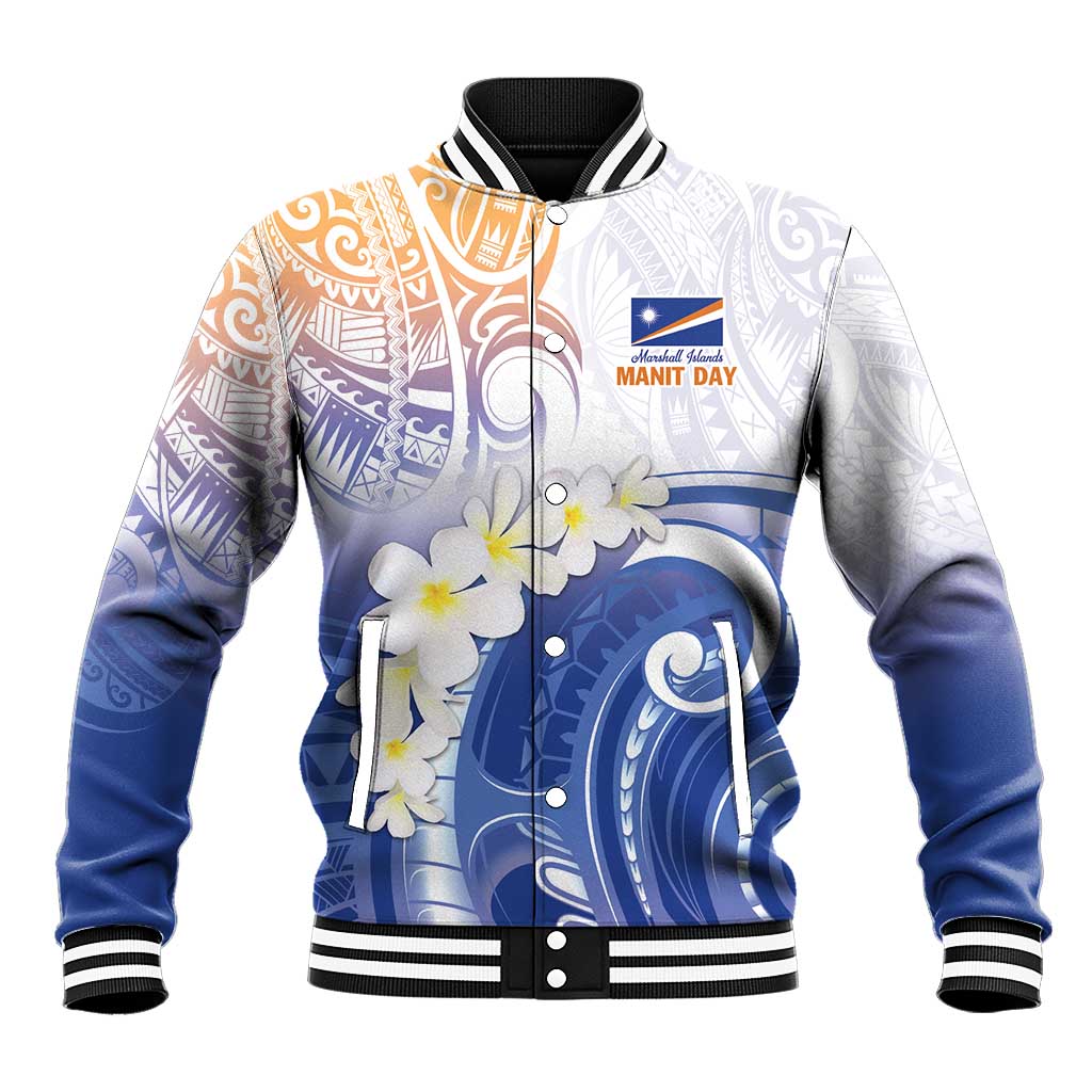 Marshall Islands Manit Day Baseball Jacket Plumeria and Polynesian Tribal LT9 Unisex White - Polynesian Pride