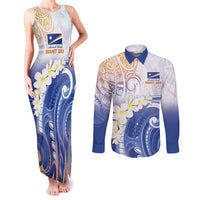 Marshall Islands Manit Day Couples Matching Tank Maxi Dress and Long Sleeve Button Shirt Plumeria and Polynesian Tribal