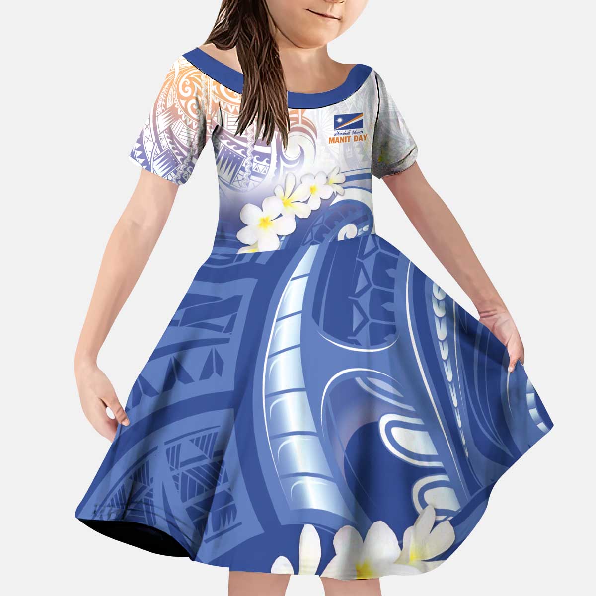 Marshall Islands Manit Day Kid Short Sleeve Dress Plumeria and Polynesian Tribal LT9 KID White - Polynesian Pride