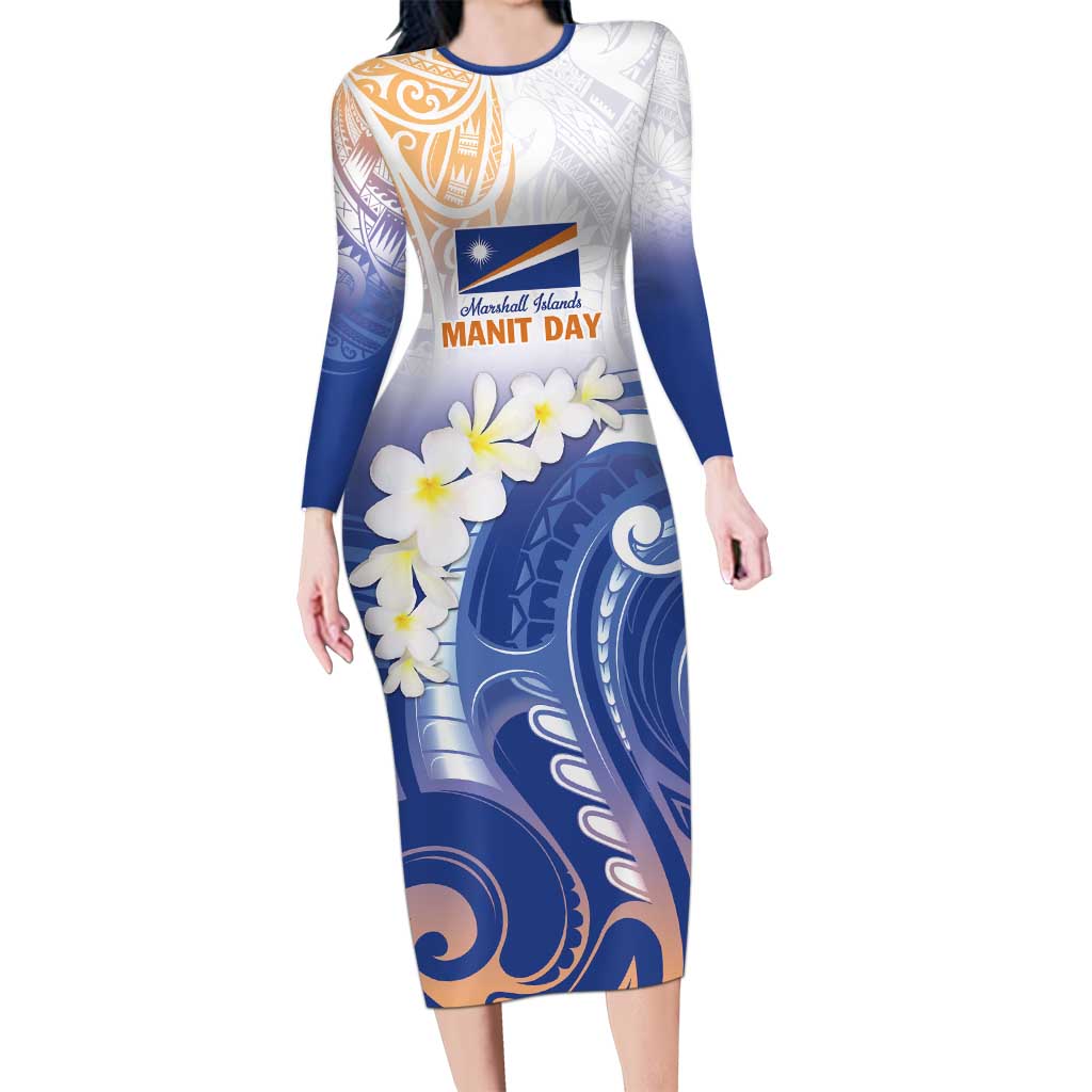 Marshall Islands Manit Day Long Sleeve Bodycon Dress Plumeria and Polynesian Tribal LT9 Long Dress White - Polynesian Pride