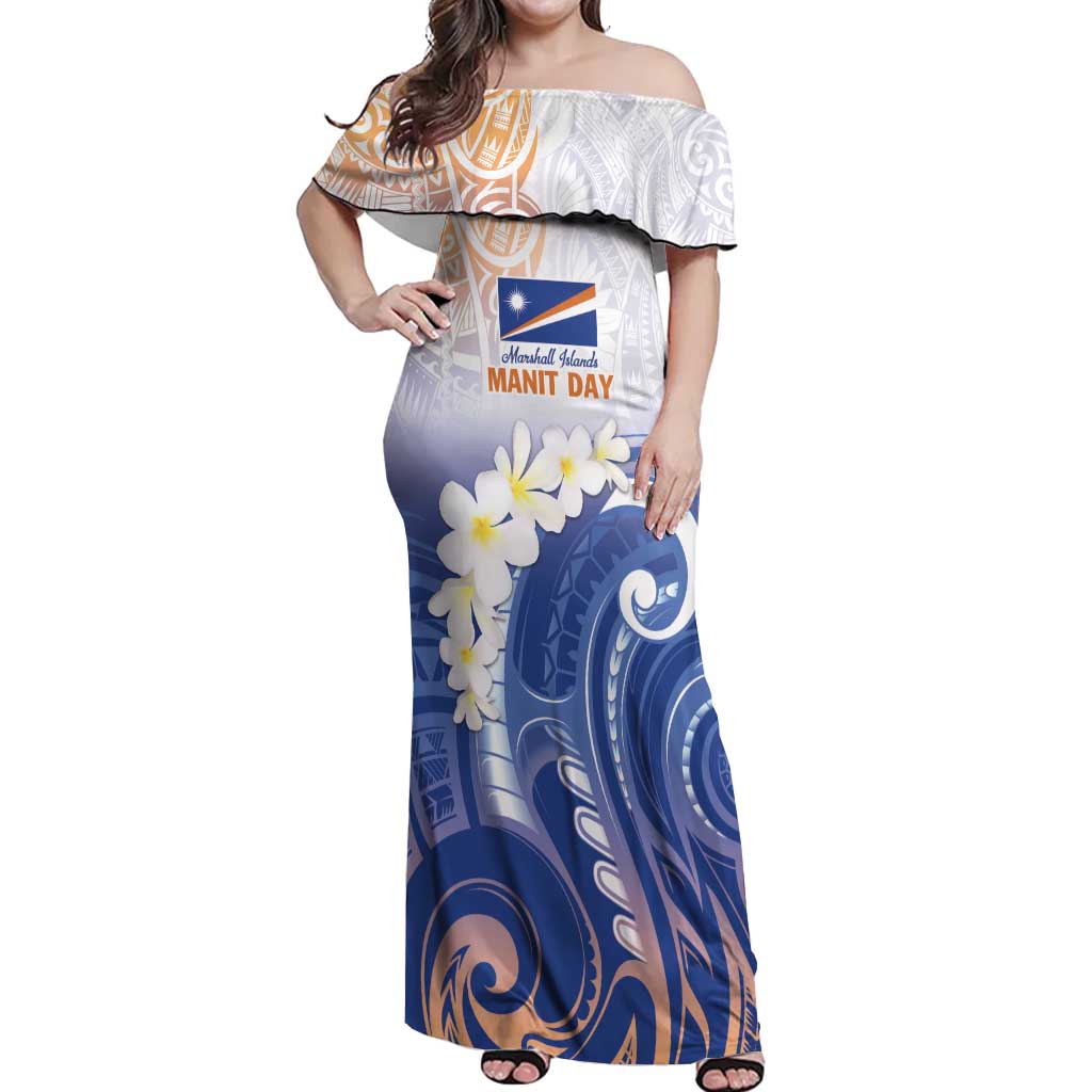 Marshall Islands Manit Day Off Shoulder Maxi Dress Plumeria and Polynesian Tribal LT9 Women White - Polynesian Pride