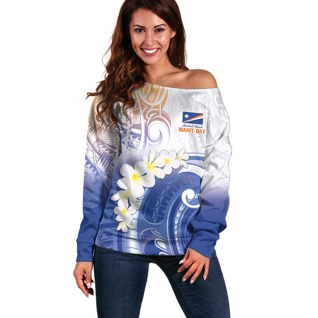 Marshall Islands Manit Day Off Shoulder Sweater Plumeria and Polynesian Tribal LT9 Women White - Polynesian Pride