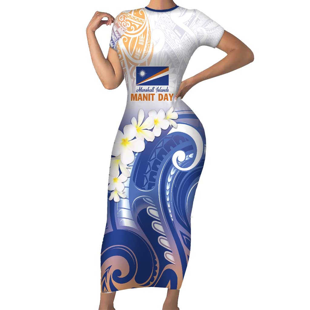 Marshall Islands Manit Day Short Sleeve Bodycon Dress Plumeria and Polynesian Tribal LT9 Long Dress White - Polynesian Pride