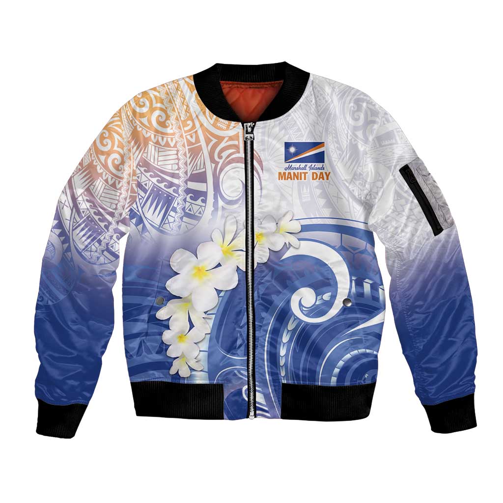 Marshall Islands Manit Day Sleeve Zip Bomber Jacket Plumeria and Polynesian Tribal LT9 Unisex White - Polynesian Pride