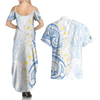 Palau 1981 Tribal Tattoo Couples Matching Summer Maxi Dress and Hawaiian Shirt with Belau Plumeria Flowers
