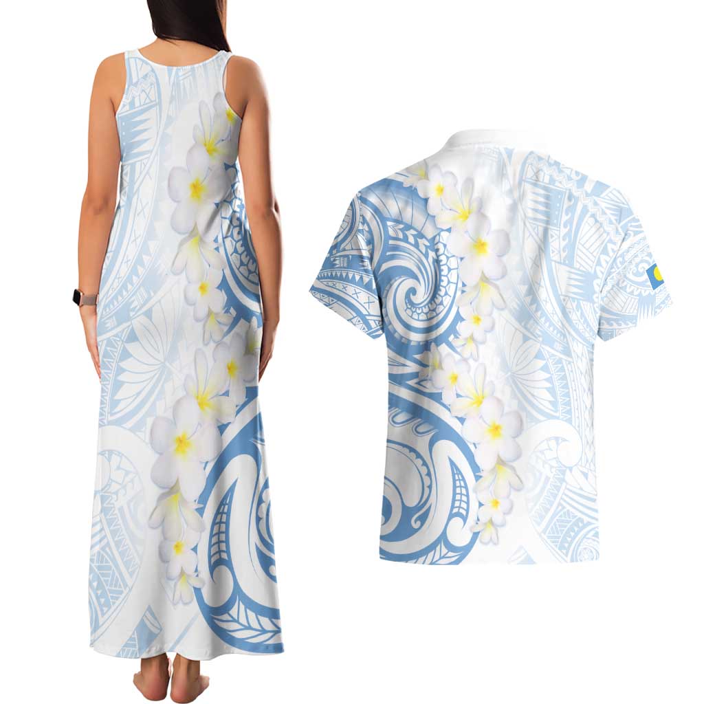 Palau 1981 Tribal Tattoo Couples Matching Tank Maxi Dress and Hawaiian Shirt with Belau Plumeria Flowers