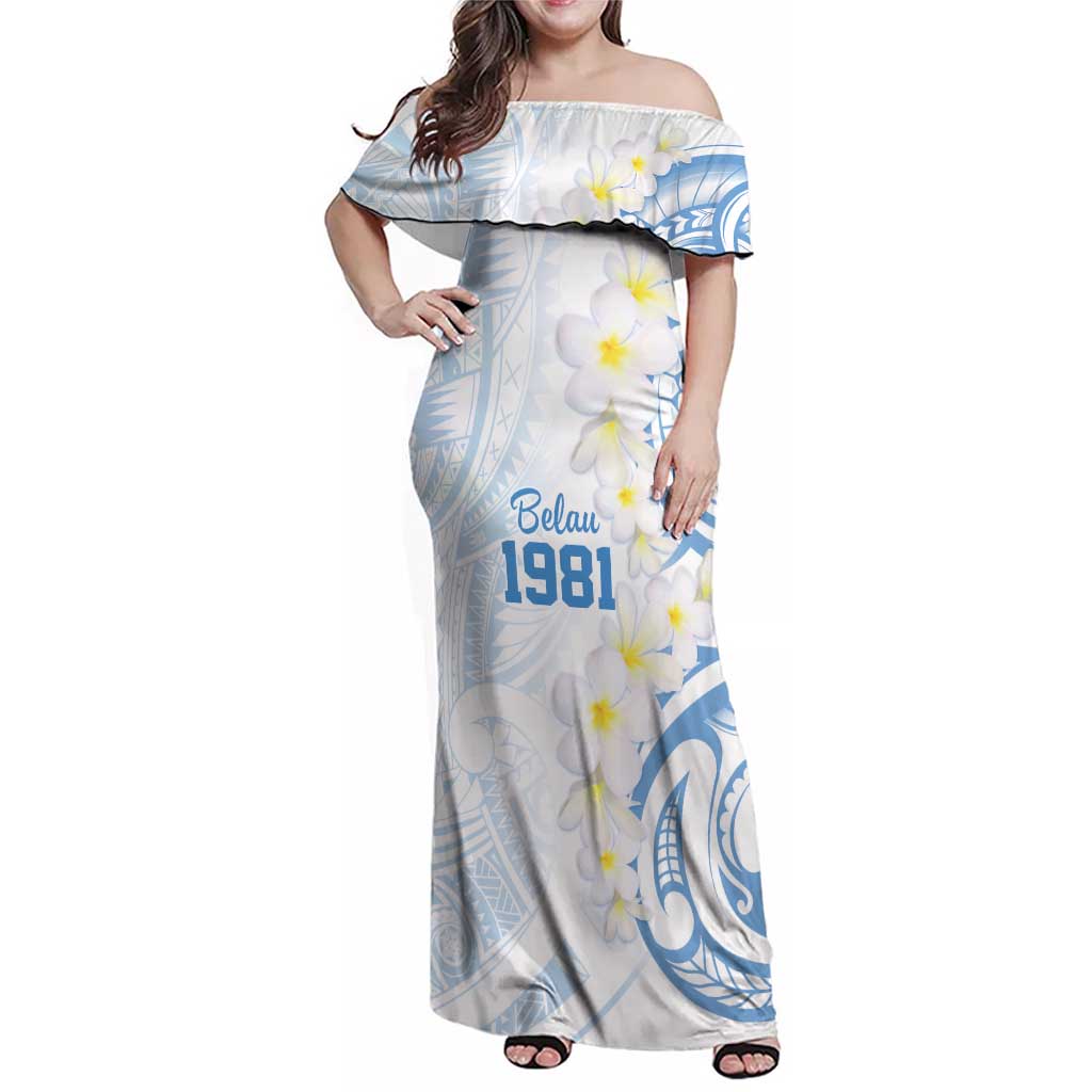 Palau 1981 Tribal Tattoo Family Matching Off Shoulder Maxi Dress and Hawaiian Shirt with Belau Plumeria Flowers