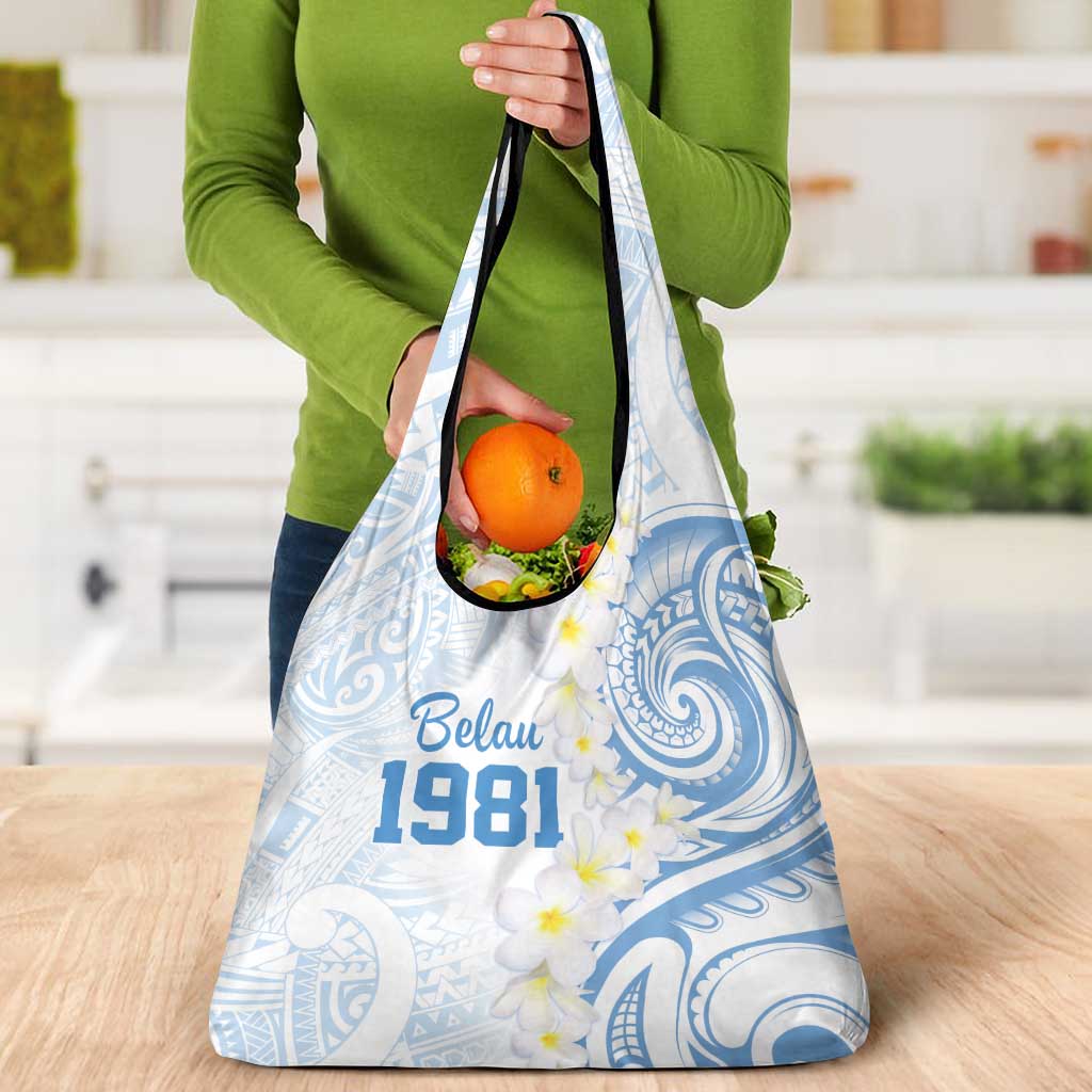 Palau 1981 Tribal Tattoo Grocery Bag with Belau Plumeria Flowers