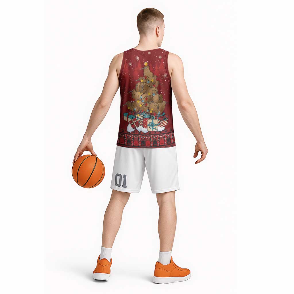 Funny Kiwi Bird Xmas Tree Basketball Jersey New Zealand Tribal Christmas Spirit - Polynesian Pride