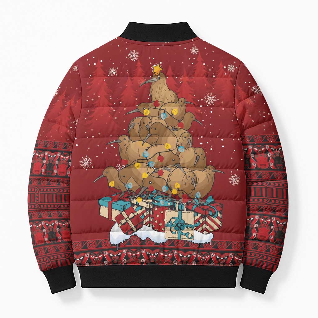 Funny Kiwi Bird Xmas Tree Bomber Puffer Jacket New Zealand Tribal Christmas Spirit - Polynesian Pride