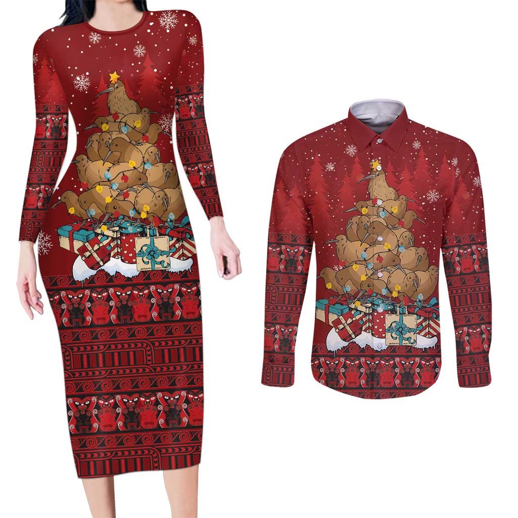 Funny Kiwi Bird Xmas Tree Couples Matching Long Sleeve Bodycon Dress and Long Sleeve Button Shirt New Zealand Tribal Christmas Spirit - Polynesian Pride