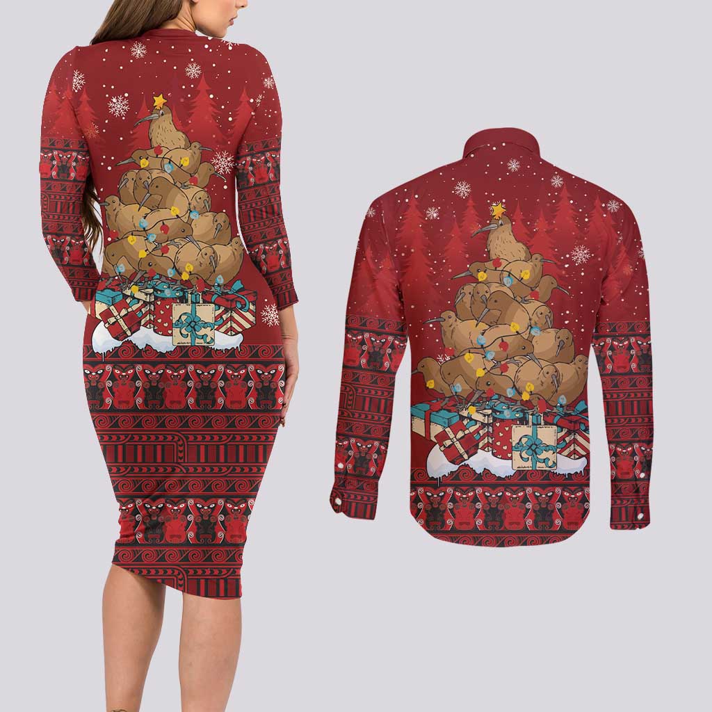 Funny Kiwi Bird Xmas Tree Couples Matching Long Sleeve Bodycon Dress and Long Sleeve Button Shirt New Zealand Tribal Christmas Spirit - Polynesian Pride
