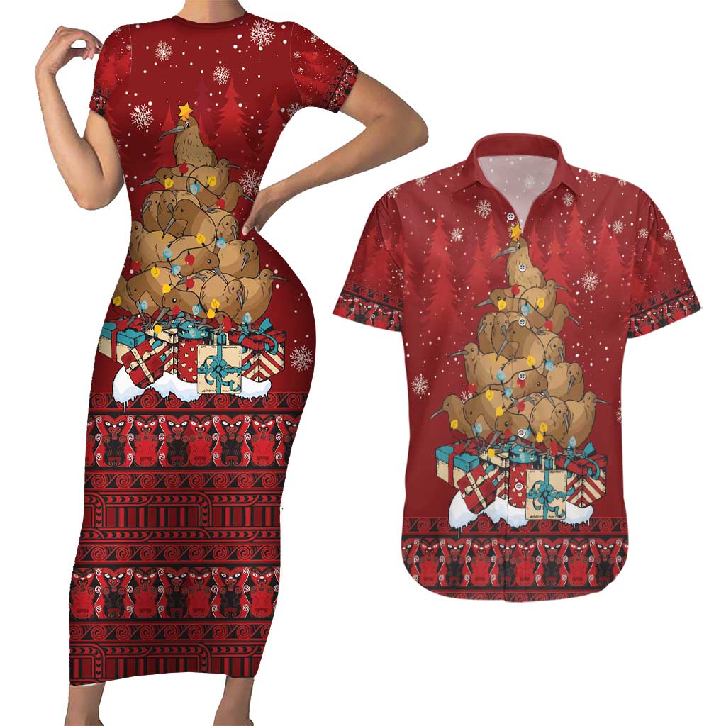Funny Kiwi Bird Xmas Tree Couples Matching Short Sleeve Bodycon Dress and Hawaiian Shirt New Zealand Tribal Christmas Spirit - Polynesian Pride