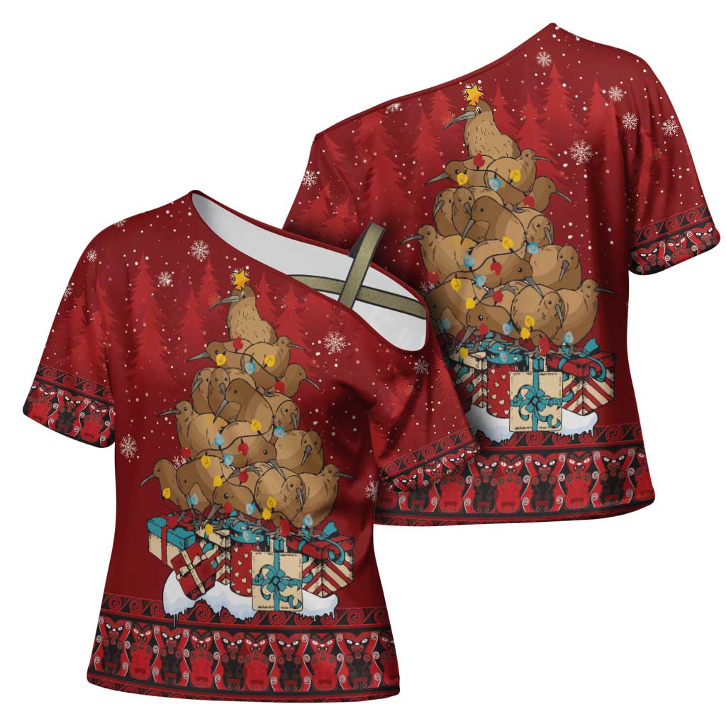Funny Kiwi Bird Xmas Tree Cross Shoulder Shirt New Zealand Tribal Christmas Spirit - Polynesian Pride
