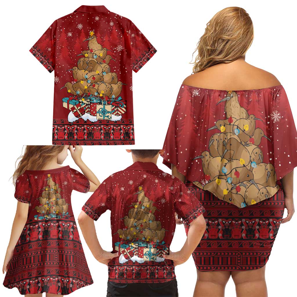 Funny Kiwi Bird Xmas Tree Family Matching Off Shoulder Short Dress and Hawaiian Shirt New Zealand Tribal Christmas Spirit - Polynesian Pride
