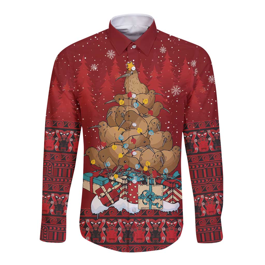 Funny Kiwi Bird Xmas Tree Long Sleeve Button Shirt New Zealand Tribal Christmas Spirit - Polynesian Pride