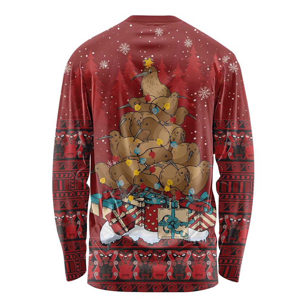 Funny Kiwi Bird Xmas Tree Long Sleeve Shirt New Zealand Tribal Christmas Spirit - Polynesian Pride