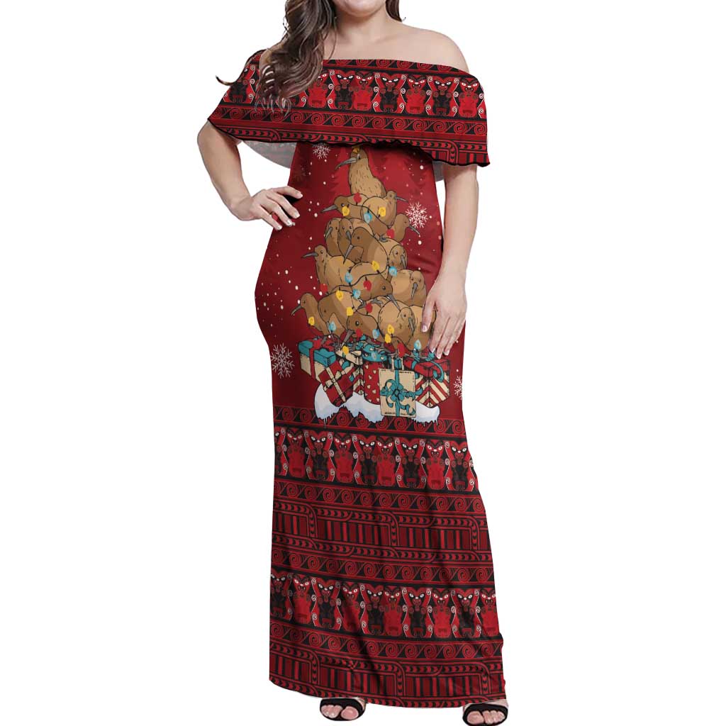 Funny Kiwi Bird Xmas Tree Off Shoulder Maxi Dress New Zealand Tribal Christmas Spirit - Polynesian Pride