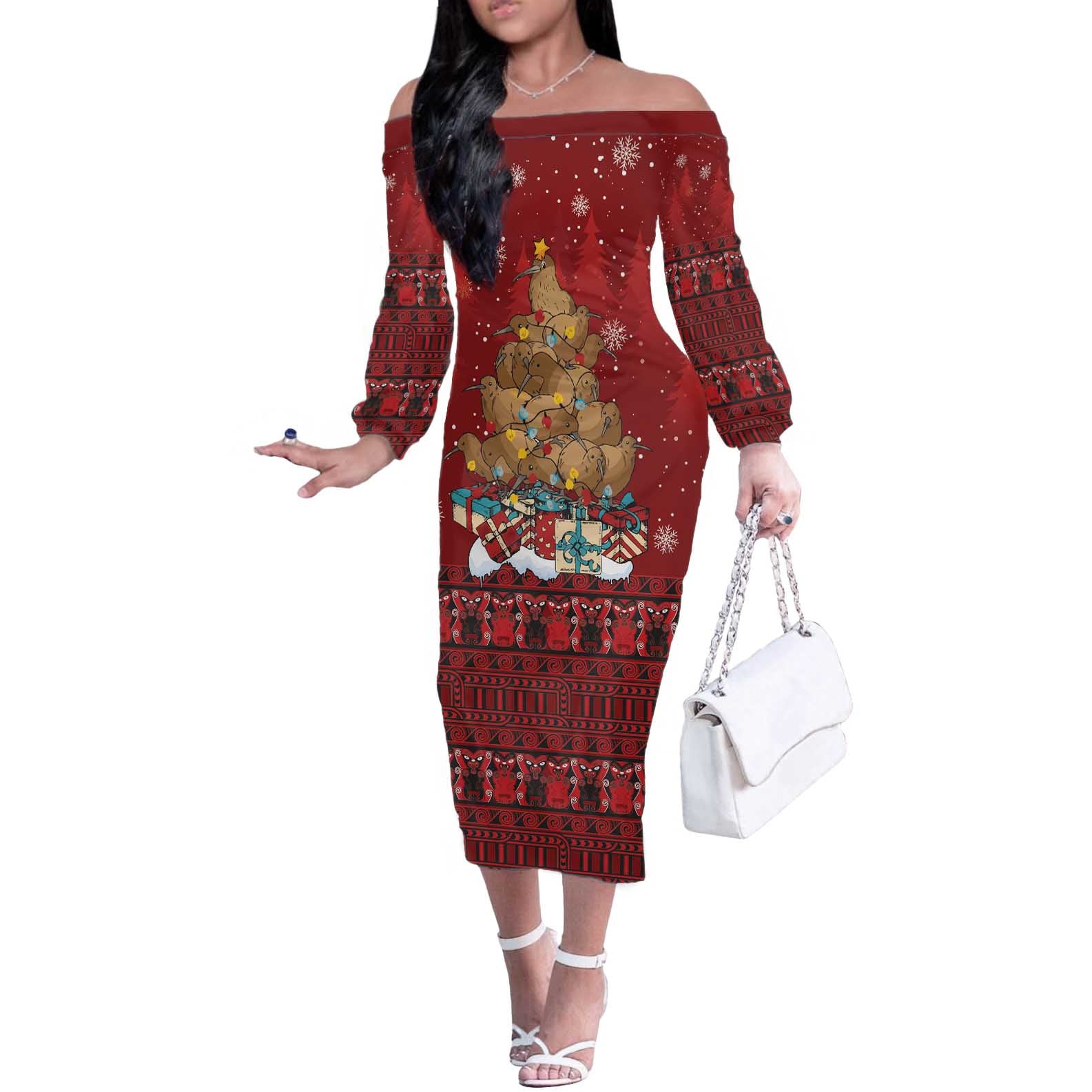 Funny Kiwi Bird Xmas Tree Off The Shoulder Long Sleeve Dress New Zealand Tribal Christmas Spirit - Polynesian Pride