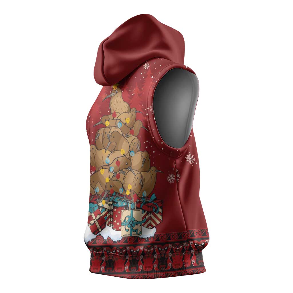 Funny Kiwi Bird Xmas Tree Sleeveless Hoodie New Zealand Tribal Christmas Spirit - Polynesian Pride