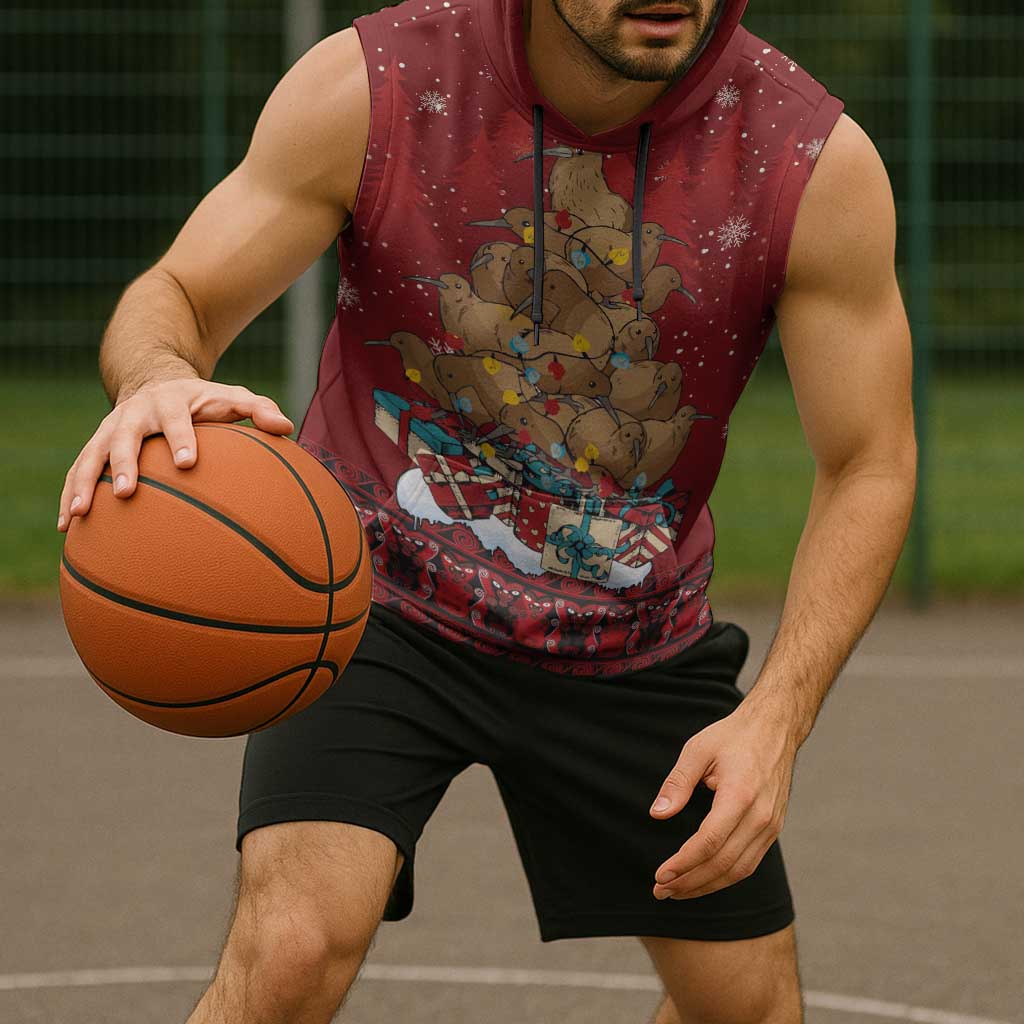 Funny Kiwi Bird Xmas Tree Sleeveless Hoodie New Zealand Tribal Christmas Spirit - Polynesian Pride