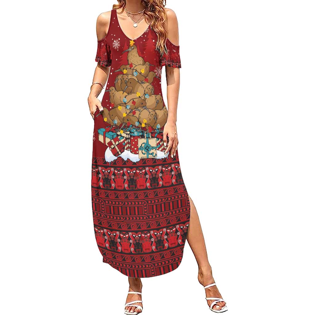 Funny Kiwi Bird Xmas Tree Summer Maxi Dress New Zealand Tribal Christmas Spirit - Polynesian Pride