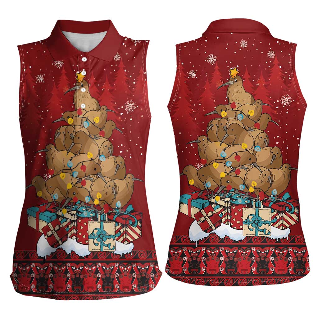 Funny Kiwi Bird Xmas Tree Women Sleeveless Polo Shirt New Zealand Tribal Christmas Spirit - Polynesian Pride