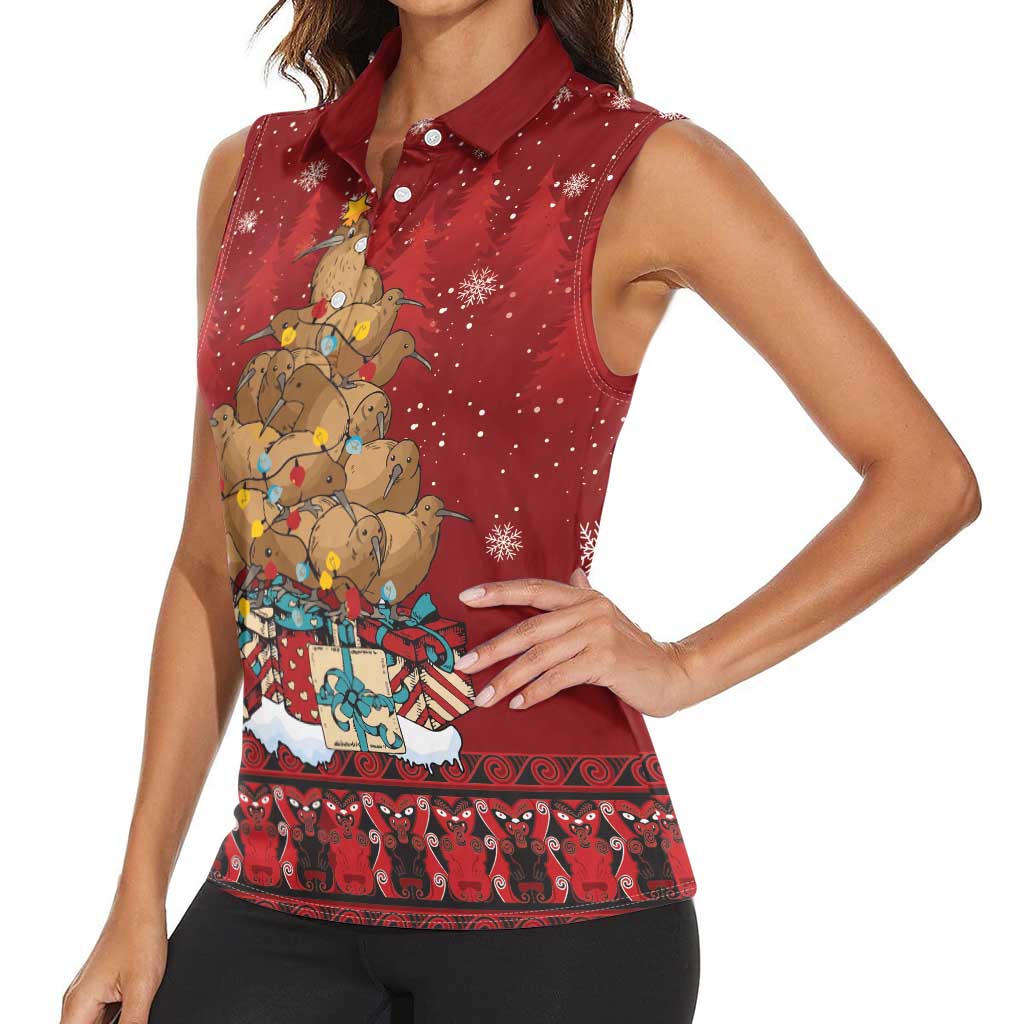 Funny Kiwi Bird Xmas Tree Women Sleeveless Polo Shirt New Zealand Tribal Christmas Spirit - Polynesian Pride