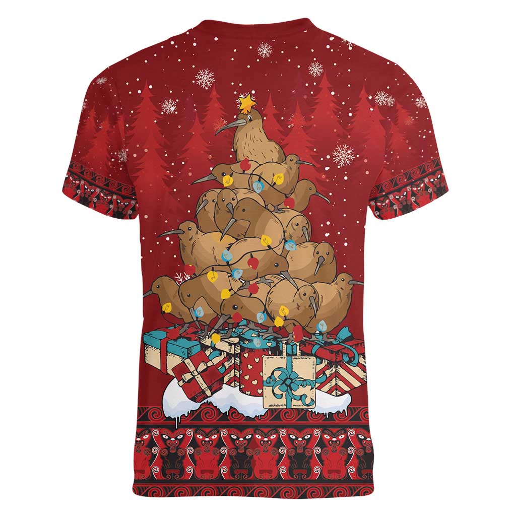 Funny Kiwi Bird Xmas Tree Women V-Neck T-Shirt New Zealand Tribal Christmas Spirit - Polynesian Pride