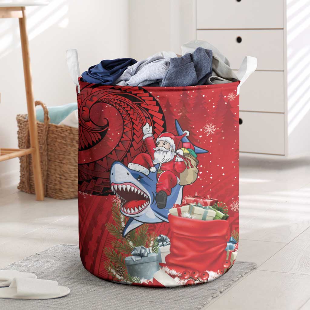 Funny Santa Riding Shark Laundry Basket Polynesian Tribal Christmas Spirit - Polynesian Pride