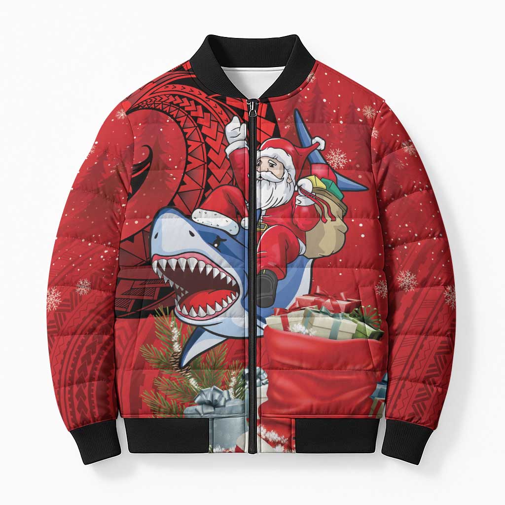 Funny Santa Riding Shark Bomber Puffer Jacket Polynesian Tribal Christmas Spirit - Polynesian Pride