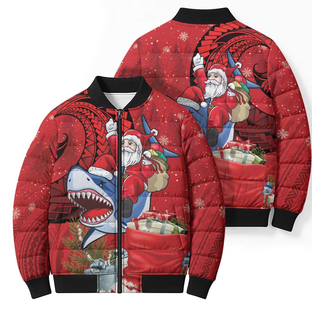 Funny Santa Riding Shark Bomber Puffer Jacket Polynesian Tribal Christmas Spirit - Polynesian Pride
