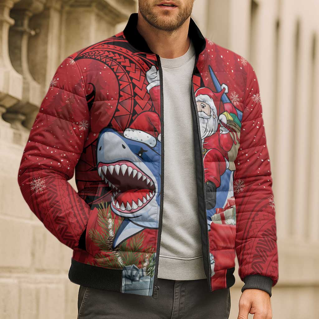 Funny Santa Riding Shark Bomber Puffer Jacket Polynesian Tribal Christmas Spirit - Polynesian Pride