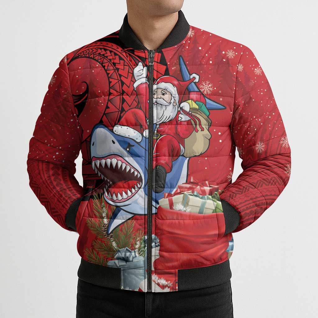 Funny Santa Riding Shark Bomber Puffer Jacket Polynesian Tribal Christmas Spirit - Polynesian Pride