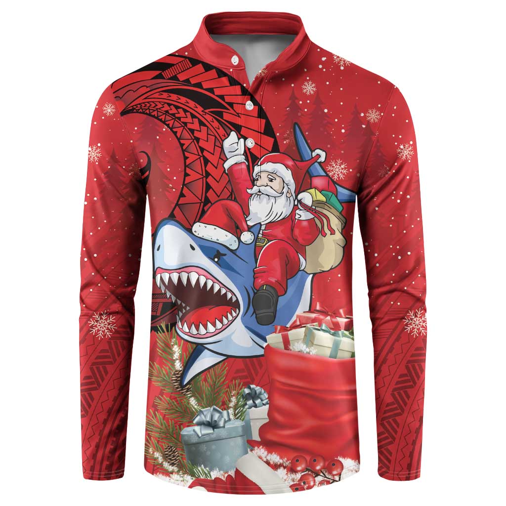 Funny Santa Riding Shark Button Sweatshirt Polynesian Tribal Christmas Spirit - Polynesian Pride
