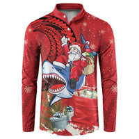 Funny Santa Riding Shark Button Sweatshirt Polynesian Tribal Christmas Spirit - Polynesian Pride