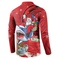 Funny Santa Riding Shark Button Sweatshirt Polynesian Tribal Christmas Spirit - Polynesian Pride