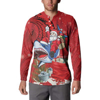Funny Santa Riding Shark Button Sweatshirt Polynesian Tribal Christmas Spirit - Polynesian Pride