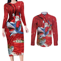 Funny Santa Riding Shark Couples Matching Long Sleeve Bodycon Dress and Long Sleeve Button Shirt Polynesian Tribal Christmas Spirit - Polynesian Pride